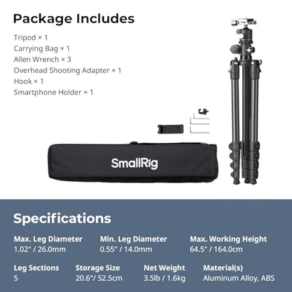 SmallRig CT25 64.5"/164cm Horizontal Overhead Tripod for iPhone & Camera, with Phone Holder & Carrying Bag, 22lb Max Load Aluminum Lightweight Camera Tripod for Overhead Shots/Live Streaming - style: 64.5" Horizontal Tripod