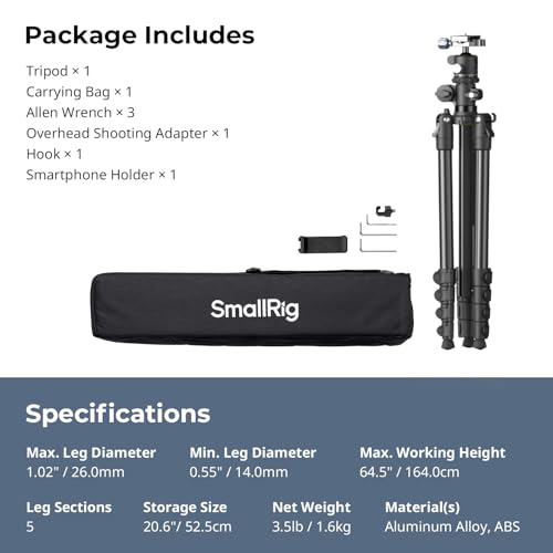 SmallRig CT25 64.5"/164cm Horizontal Overhead Tripod for iPhone & Camera, with Phone Holder & Carrying Bag, 22lb Max Load Aluminum Lightweight Camera Tripod for Overhead Shots/Live Streaming - style: 64.5" Horizontal Tripod