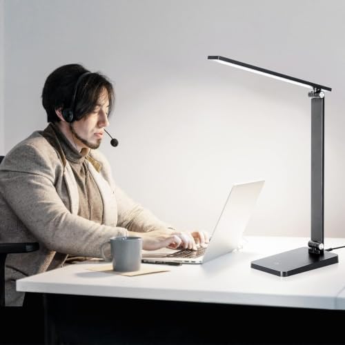 LED Desk Lamp for Home Office, 3 Levels Dimmable Desk Light with USB Charging Port, Small Study Lamp, Reading Light for Table, Black, 5000K - color: Black