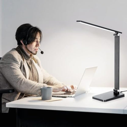 LED Desk Lamp for Home Office, 3 Levels Dimmable Desk Light with USB Charging Port, Small Study Lamp, Reading Light for Table, Black, 5000K - color: Black