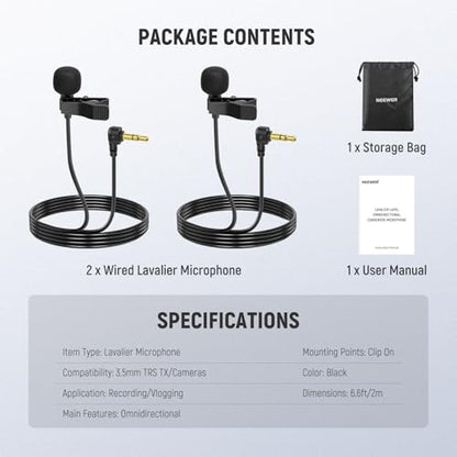 NEEWER Mini Lavalier Microphone (2 Pack), 6.6ft/2m Clip On Wired Condenser Lapel Mic with 3.5mm TRS Plug, Compatible with DJI Mic 2, Rode Wireless Go II, NEEWER CM28 CM31 Camera, LM5 - style: LM5