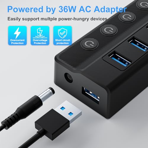 ONFINIO Powered USB Hub, 10-Port USB Splitter Hub (7 Faster Data Transfer Ports+ 3 Smart Charging Port) with Individual LED On/Off Switches and 12V/3A Power Adapter USB Extension for Mac, PC and More - style: 10 PORT QC 3.0