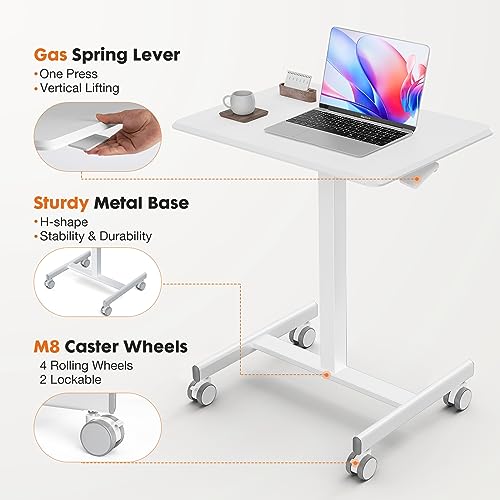 Sweetcrispy Mobile Rolling Desk with Lockable Wheels, Small Standing Laptop Desks, Sit Stand Adjustable Height Table Portable, Computer Workstations for Home Office, White - color: White