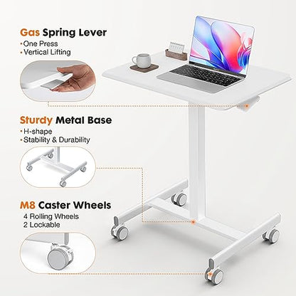 Sweetcrispy Mobile Rolling Desk with Lockable Wheels, Small Standing Laptop Desks, Sit Stand Adjustable Height Table Portable, Computer Workstations for Home Office, White - color: White