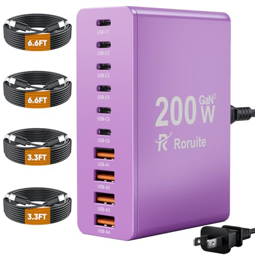 USB C Charging Station 10 Port with 4 Cables,200W GaN Type C Charger Block,Wall Charger Power Strip Adapter Plug for iPad iPhone17 16 15 14 13 12 Pro Max Pixel Note Galaxy - color: Purple