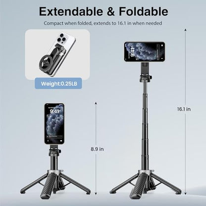 4-in-1 Multifunctional Magnetic Phone Tripod, Portable Selfie Stick for iPhone & Android with Detachable Remote and Metal Ring, Magnetic Tripod Extendable Length 4.33" - 16" - size: 16inch