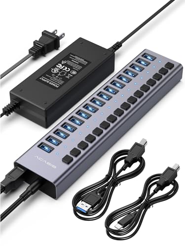 Powered USB 3.2 Hub, ACASIS 16 Ports USB 3.2 Hub with 10Gbps Data Speed，Aluminum Housing, USB Hub Powered with 96W Power Adapter, USB Hub for PC/Laptop, Computer, Flash Drive, Printer, Camera - size: 16 ports