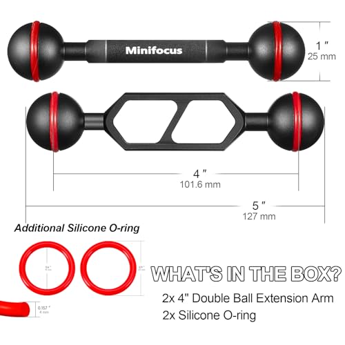 MINIFOCUS 4" Double Ball Aluminum Extension Arm, 1" Ball Head Connector Underwater CNC Arm System Ball Head Extension for Strobe/Video Light/Diving Camera Tray, Waterproof and Rustproof (2pack) - size: 4" Extension Arm