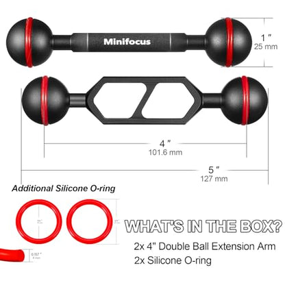 MINIFOCUS 4" Double Ball Aluminum Extension Arm, 1" Ball Head Connector Underwater CNC Arm System Ball Head Extension for Strobe/Video Light/Diving Camera Tray, Waterproof and Rustproof (2pack) - size: 4" Extension Arm