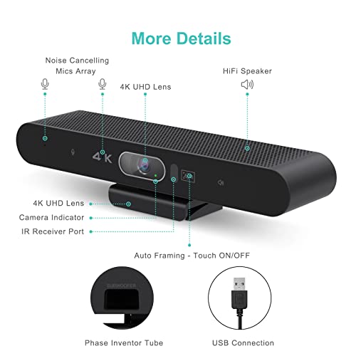 4K Pro Audio and Video Conference Room Camera with Remote Control for Windows TV, AI-Powered HD Webcam with Microphone & Speaker for Desktop Computer/PC/Monitor/Laptop/Teams/Zoom/Skype - color: Black