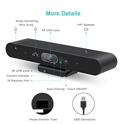 4K Pro Audio and Video Conference Room Camera with Remote Control for Windows TV, AI-Powered HD Webcam with Microphone & Speaker for Desktop Computer/PC/Monitor/Laptop/Teams/Zoom/Skype - color: Black