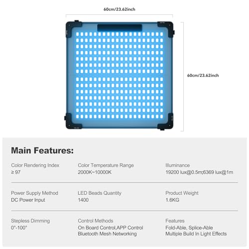 GVM 200W Flexible Led Panel Light Mat with Bluetooth Control, RGB Video Light with Softbox, 2000K-10000K Foldable Photography Light, 16 Kinds Lighting Scene, 1400pcs Led Beads, 23.62 * 23.62 inch - size: B200C