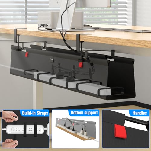 No Drill Under Desk Cable Management Tray, 20" Cord Management Tray with Cable Loop, Upgraded Oxford Fabric Wire Management for Standing Desk - No Damage to Table - size: 20 inch