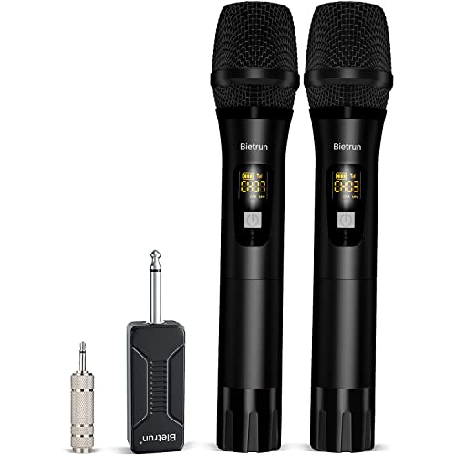 Wireless Microphone, Bietrun UHF Metal Dual Handheld Cordless Dynamic Mic System with Rechargeable Receiver, 1/4‘’Output, for Karaoke, Church, Speech, Wedding, Party Singing(160 ft Range)-Auto Connect - color: Black