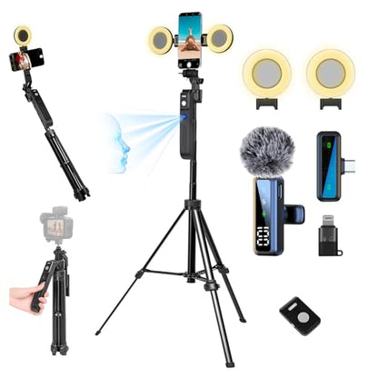 70.9” Auto Face Tracking Tripod for iPhone Anriod Phone,Vlogging Kit | Content creator essentials,with light , 360 rotatable tripod, with wireless microphone and remote - style: With T20 Mic