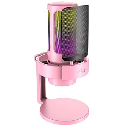 FIFINE USB Streaming Gaming Microphone, PC Condenser Desktop Mic for Video, Home use, YouTube, with RGB Control, Gain Knob, 3.5mm Headphone Jack, Shock Mount, on Computer/PS5-AmpliGame A8 Pink - size: A8P-Desktop