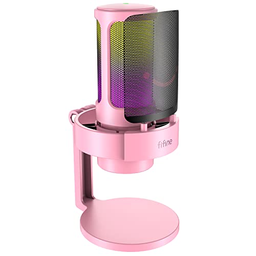 FIFINE USB Streaming Gaming Microphone, PC Condenser Desktop Mic for Video, Home use, YouTube, with RGB Control, Gain Knob, 3.5mm Headphone Jack, Shock Mount, on Computer/PS5-AmpliGame A8 Pink - size: A8P-Desktop