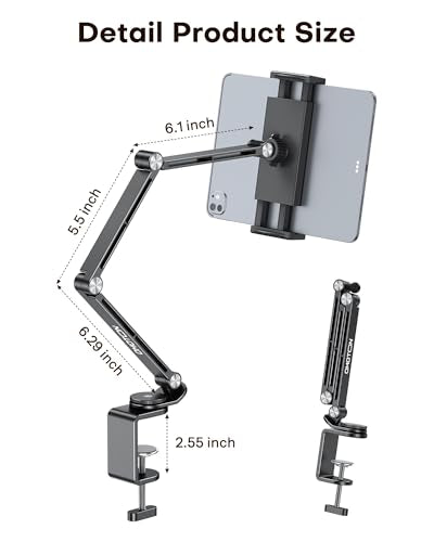 OMOTON Tablet Stand for iPad with 360° Rotation, GH03 Aluminum Alloy Long Arm Phone Mount with 2 Plastic Clamps (Phone & Tablet), Adjustable Holder for 4-13" iPad Pro/iPhone, Black - color: Black