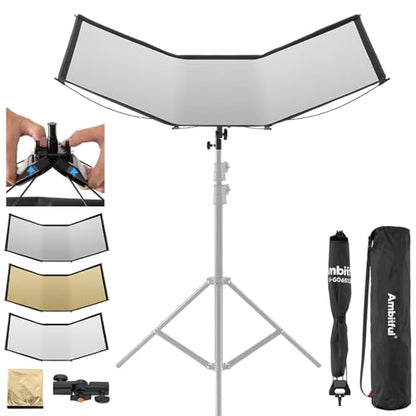 AMBITFUL Reflector Photography, Flash Light Reflectors, 𝐐𝐮𝐢𝐜𝐤 𝐑𝐞𝐥𝐞𝐚𝐬𝐞 U-Shape Reflector with 48in x 25.5in Photography Diffuser for Studio Portrait&Video Shooting, 3-in-1 White/Silver/Gold