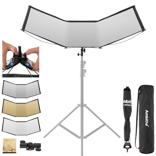 AMBITFUL Reflector Photography, Flash Light Reflectors, 𝐐𝐮𝐢𝐜𝐤 𝐑𝐞𝐥𝐞𝐚𝐬𝐞 U-Shape Reflector with 48in x 25.5in Photography Diffuser for Studio Portrait&Video Shooting, 3-in-1 White/Silver/Gold