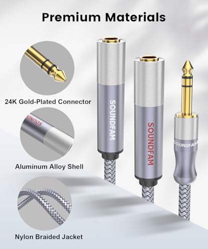 Microphone Splitter 2 Feet/60CM TRS 1/4 inch Splitter 1 Male to 2 Female, 6.35mm Stereo Male Plug to Dual 6.35mm Female-Grey (1PACK) - size: 2ft/60CM-1PACK, style: 1/4" Splitter 1 Male to 2 Female