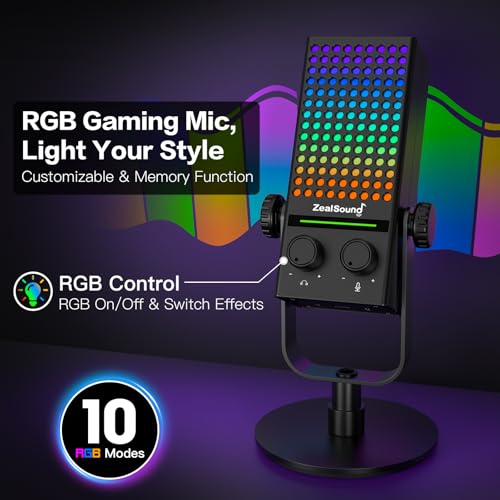 ZealSound USB Gaming Microphone for Xbox PC Mac iPhone & Android, Noise Reduction Mic with One-Tap Mute, Gain Control, Zero-Latency Monitoring & RGB Lighting, for YouTube TikTok Podcasting & Streaming - color: Black