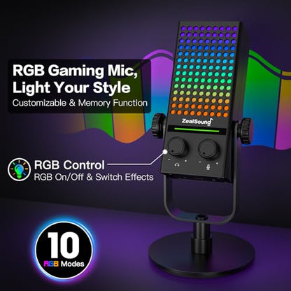 ZealSound USB Gaming Microphone for Xbox PC Mac iPhone & Android, Noise Reduction Mic with One-Tap Mute, Gain Control, Zero-Latency Monitoring & RGB Lighting, for YouTube TikTok Podcasting & Streaming - color: Black