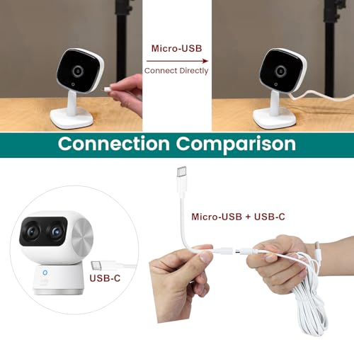weishan 2-Pack 30ft Power Extension Cable Compatible with eufy SoloCam S220, S340 and Indoor Cam E220, P24, C120-9m Long Flat USB to Micro USB Charging Cord with USB-C Adapter, White