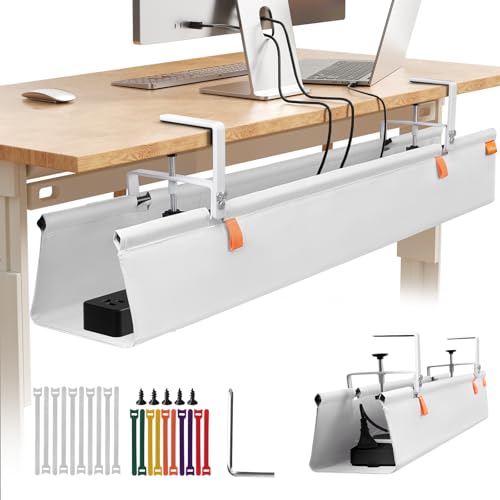 48" Under Desk Cable Management Tray, No Drill Desk Cable Management Wire Standing Desk Cord Organizer Clamp/Screw Mount, Cord Management Tray Fabric Desk Organizer for Home Office-White - color: White, size: 48"L x 5.5"W