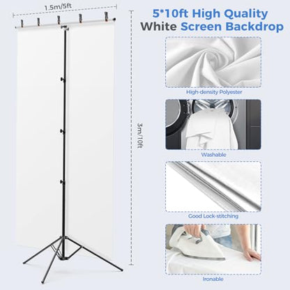 EMART White Photo Backdrop with Stand Kit 10x5ft, Photography White Background Screen with Portable T-Shape Support and 5 Clamps for Video Recording, Meetings, Self Tape - size: 5x10ft