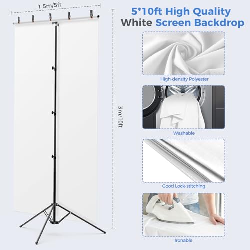 EMART White Photo Backdrop with Stand Kit 10x5ft, Photography White Background Screen with Portable T-Shape Support and 5 Clamps for Video Recording, Meetings, Self Tape - size: 5x10ft