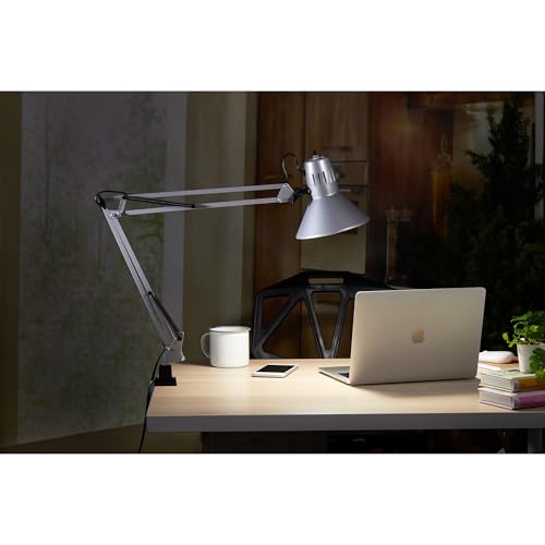 Bostitch Office VLF100-SLV Swing Arm Desk Lamp with Clamp Mount, 36" Reach with Multi-Joint Adjustment, Includes Replaceable LED Bulb (VLF), Silver - style: Clamp, Silver