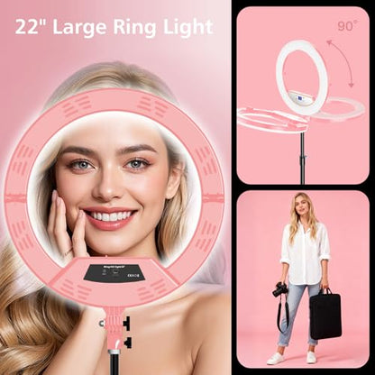 22" Large Ring Light with Stand,Foldable LED Big Ring Light Tripod for iPhone Phone Ipad, 75" Tall Tripod Touch Screen,Wireless Remote for Live Stream,YouTube,TikTok Video Shooting Pink - color: Pink