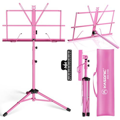 K KASONIC - Music Stand, 2 in 1 Dual-Use Folding Sheet Music Stand & Desktop Book Stand, Portable, Lightweight with Music Sheet Clip Holder & Carrying Bag Suitable for Instrumental Performance (Pink) - color: 1 Pack Pink