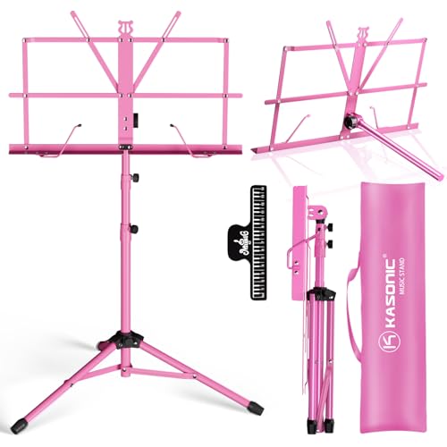 K KASONIC - Music Stand, 2 in 1 Dual-Use Folding Sheet Music Stand & Desktop Book Stand, Portable, Lightweight with Music Sheet Clip Holder & Carrying Bag Suitable for Instrumental Performance (Pink) - color: 1 Pack Pink