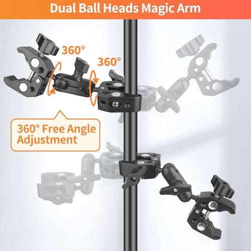 Double Super Clamp Camera Mount, Umbrella Holder Bracket with 360° Ballhead Magic Arm for Pole, Tripod Clamp Mount for Cross Bar, Light Stand, Strollers, Photo Boom Stand, Reflector, Chair