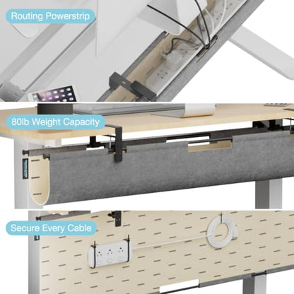 No Drill Under Desk Cable Management Tray, 45.2" Felt Cord Organizer | Convertible Cable Tray & Privacy Panel, Clamp or Screw Mount, Pegboard Wire Management, Dual-Layer Felt, Standing Desk