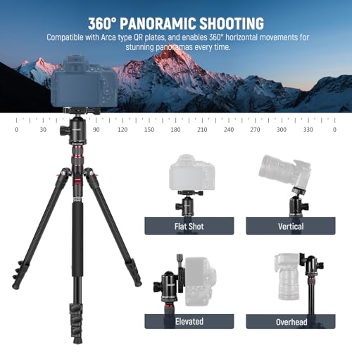 NEEWER 77” Camera Tripod Monopod with Phone Holder, Portable Travel Tripod with Remote, 360° Ball Head, 2 Axis Center Column, Arca QR Plate and Bag, Aluminum DSLR Tripod 34lb Max Load, TP77 - style: Travel Tripod with Remote