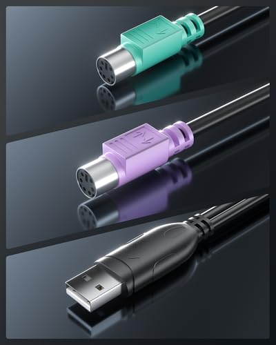 PS2 to USB Adapter, USB Male to Dual PS/2(Mini-DIN 6-pin) Female Cable for Keyboard and Mouse, Passive USB to PS2 Adapter for PC Laptop