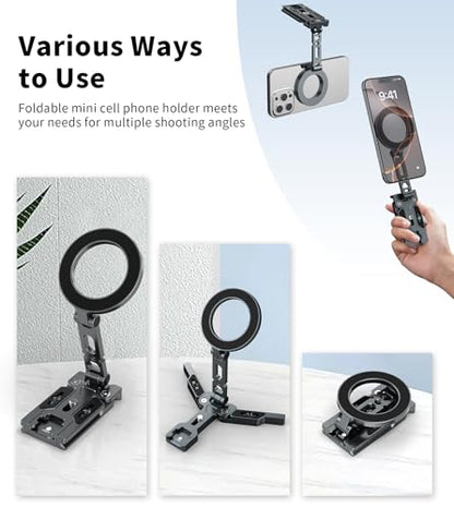Magnetic Phone Tripod Mount Adapter for MagSafe, Aluminum Foldable Phone Holder with Arca-Swiss & 1/4" Screw Hole, Cold Shoe Mount for Camera, Pocket Mini Selfie Stick Tripod Mount for iPhone/Android