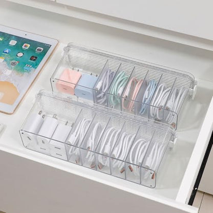 2 Pack Cord Organizer Box for Desk Drawer, Clear Phone Charger Cable Storage Container with Lid
