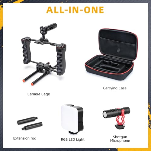 Zeadio All-in-One Video Rig Kit, Aluminum Handheld Camera Cage with RGB Video Light, Microphone, Top Handle,15mm Rod Guide, Extension Rods & Carrying Case for Filmmaking Vlogging Recording etc - style: Pro Kit