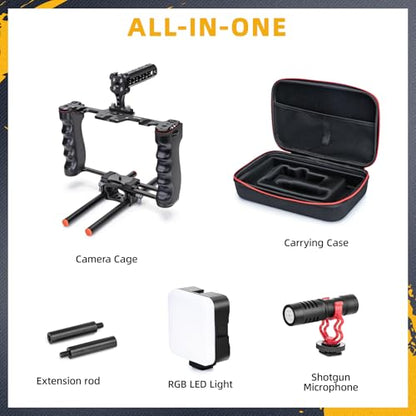 Zeadio All-in-One Video Rig Kit, Aluminum Handheld Camera Cage with RGB Video Light, Microphone, Top Handle,15mm Rod Guide, Extension Rods & Carrying Case for Filmmaking Vlogging Recording etc - style: Pro Kit