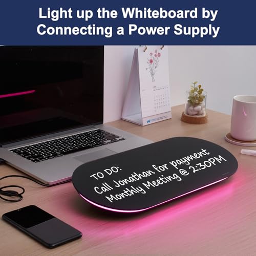 TSJ OFFICE Glass Desktop Whiteboard - 17 X 7 Inches Small Dry Erase Board with Pink Light, Black Glass White Board Surface Notepad with 1 Drawer, Desk Organizers for Office, Home, School Supplies - color: Pink Light (Black Glass)