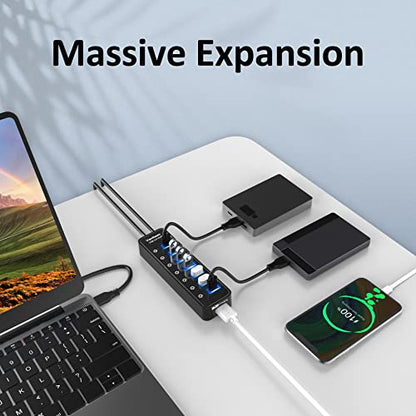 vantisan USB Hub 3.0 Powered, 7 Ports USB Data Hub Splitter with One Smart Charging Port and 5V/4A Powered Adapter and ON/Off Switches for MacBook, Mac Pro/Mini, iMac, Surface Pro Laptop/PC - color: black