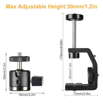 UTEBIT Super Clamp Mount with Mini Ball Head Mount, 30mm | 1/4" Screw Hot Shoe Adapter Camera Clamp for Desk, Bicycle, Gopro Compatible with DJI Action 2/Insta360, Black - size: 30mm
