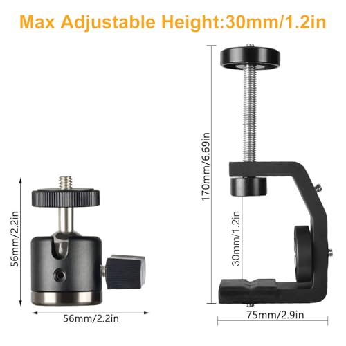 UTEBIT Super Clamp Mount with Mini Ball Head Mount, 30mm | 1/4" Screw Hot Shoe Adapter Camera Clamp for Desk, Bicycle, Gopro Compatible with DJI Action 2/Insta360, Black - size: 30mm
