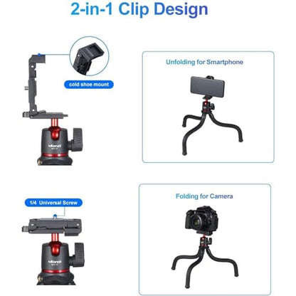ULANZI Camera Tripod, Mini Flexible Stand w Hidden Phone Holder w Cold Shoe Mount, 1/4'' Screw f Magic Arm, Universal f iPhone 17 16 15 14 Pro Max XS Max Canon Nikon Sony DJ Pocket 4/3 Cameras