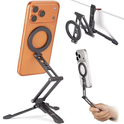 SHINEWEE Ultra-Compact Magnetic Tripod Stand: Aluminum Phone Mount for iPhone 17/16/15/14/13/12 Pro Max, Adjustable Cellphone Holder with 1/4” Screw & Travel Hook (Grey)