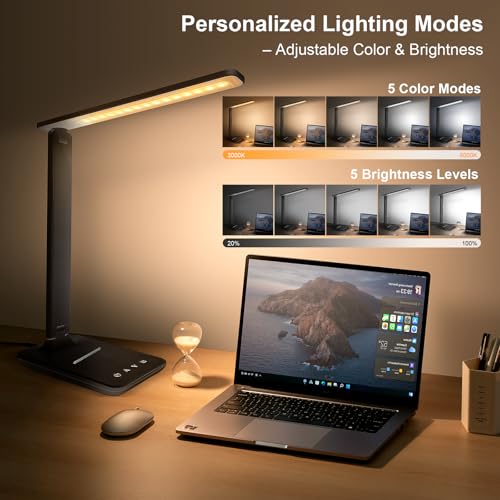 shinelife LED Desk Lamp for Office Home, Bright Desk Light with USB Charging Port, Adjustable Dimmable Desk Lamps 5 Modes 5 Brightness, Touch Study Lamp for Nail, Craft, Puzzle, Sewing, Study, Black - color: Black